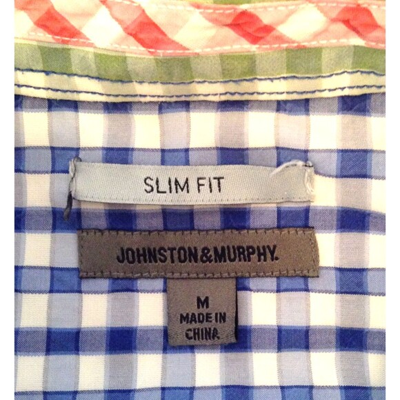 Johnston & Murphy Shirt Men M Blue Check Plaid Slim Fit Button Up Flip Cuff - Picture 9 of 11